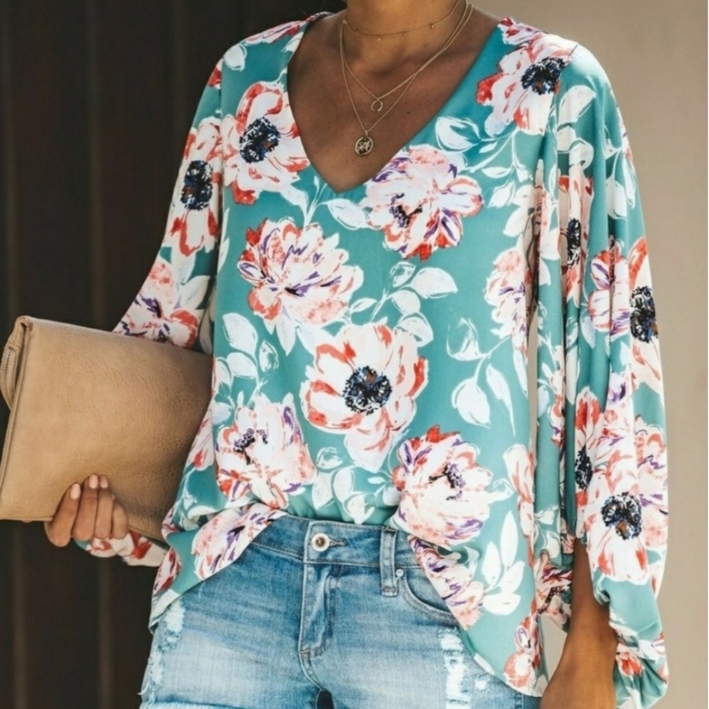 TU VICI floral green pink blouse size large